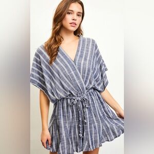 Avasta Indigo Stripe Godet Tassel Tie Waist Mini Dress